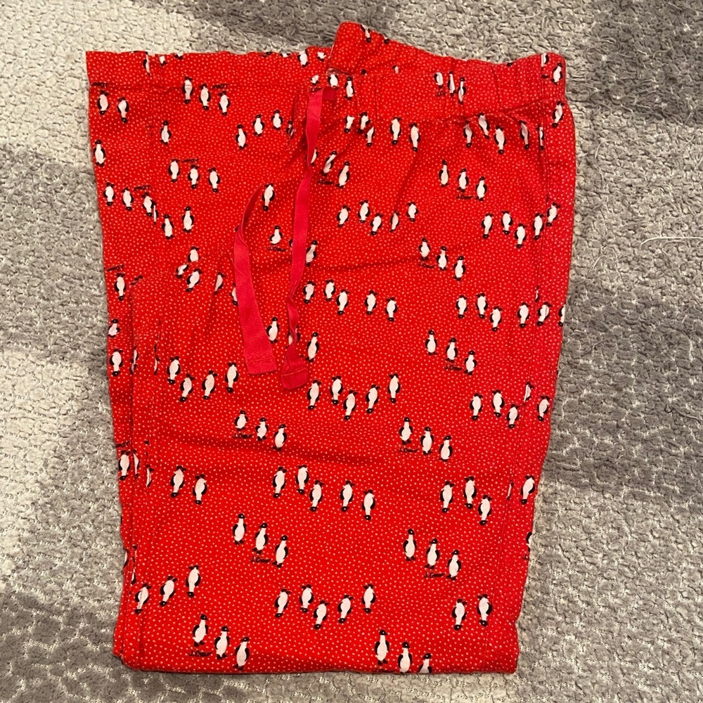 J. Crew Bright Red Flannel Pajama Pants with Penguin Pattern